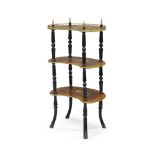 A French three tier walnut Etagere, late 19th century, floral inlay, gilt metal gallery top with