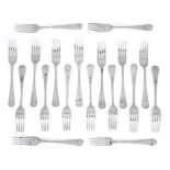 Eighteen Hanoverian pattern silver table forks, comprising: five London, 1802, William Eley &