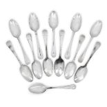 A set of seven George II Hanoverian pattern silver table spoons, London, 1750, maker RH, together