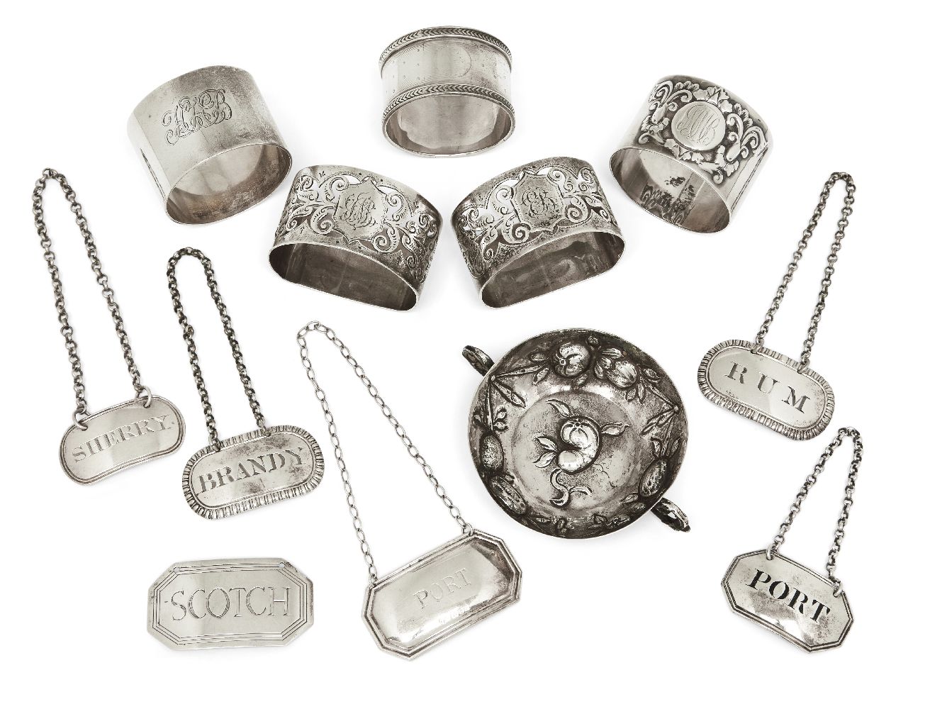 Six silver decanter labels including two oval George III examples, London, 1807, Thomas Phipps &