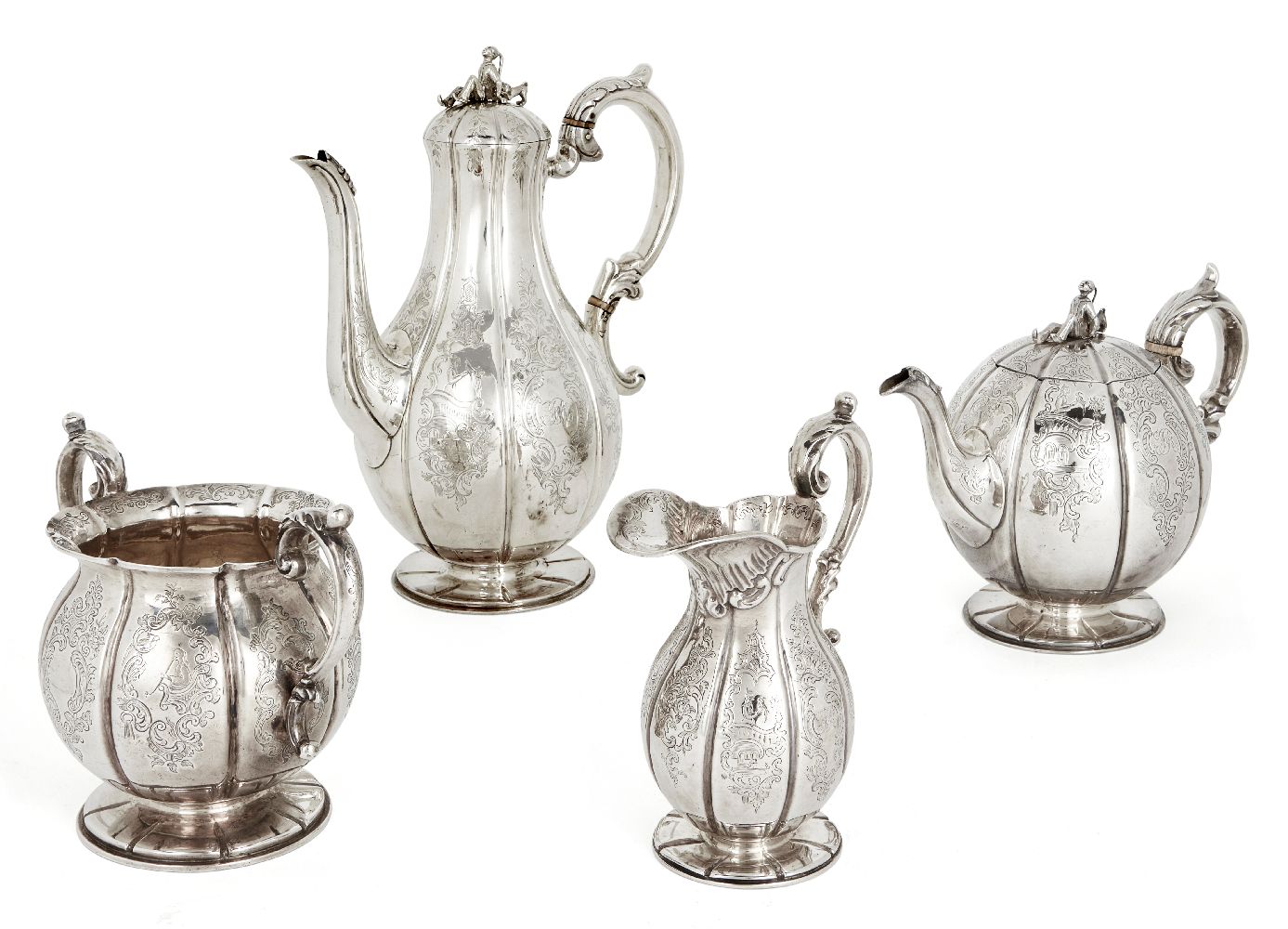A matched Victorian silver four piece tea service, the tea pot, milk jug and sugar London, 1843,