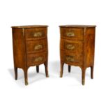 A pair of French burr walnut serpentine front bedside commode chests, 18th century, with walnut