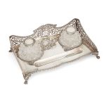 A George V silver inkstand, Sheffield, 1916, Cooper Brothers & Sons, with two silver mounted cut