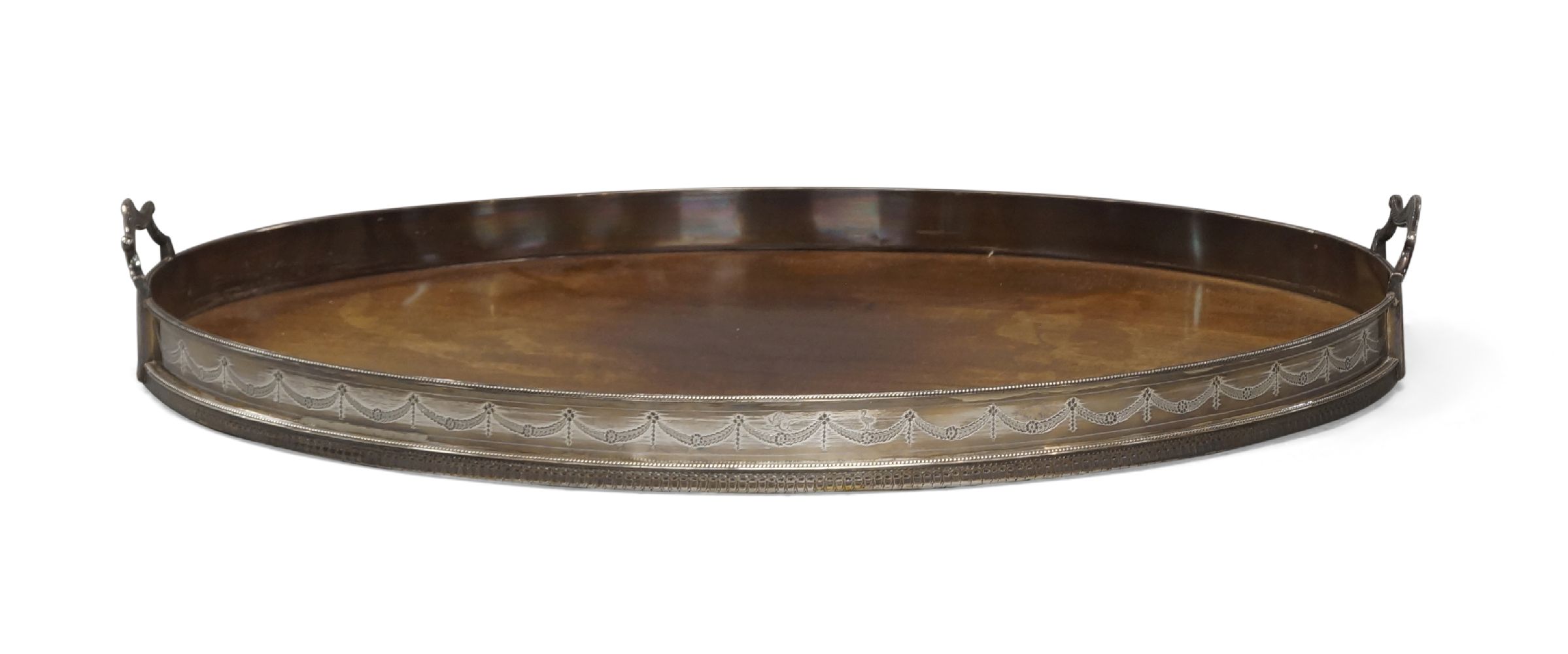 A George III silver mounted mahogany oval tray, London, 1785, no maker's mark apparent, the silver - Image 2 of 3