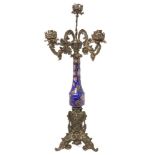 A Victorian patinated bronze and glass four-light candelabrum, late 19th century, the blue glass