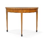 A George III satinwood demi lume console table, with oval figured walnut inlay to top, raised on