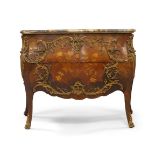 A French Louis XV style kingwood bombe commode with marble top, circa 1890, ormolu mounts and
