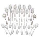 A group of Georgian tablespoons and dessert spoons comprising: three George II Old English pattern