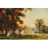 Circle of Tudor St George Tucker, British 1862-1906- Children playing; oil on board, 17 x 24.5 cm