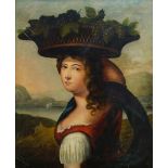 Continental School, mid 19th century- A lady with a basket of fruit on her head, a hilly landscape