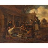Manner of Jan Steen, early 19th century- Peasants outside a tavern; oil on panel, bears