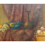 Jurrien Marinus Beek, Dutch 1879-1965- Still life of a brass vase and blue glass bowl; oil on