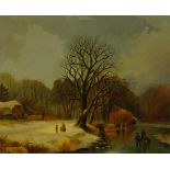 Manner of Andreas Schelfhout, mid-late 20th century- Figures in a frozen river landscape with