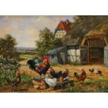 Adolf Lohmann, German b.1928- Farmyard scene with chickens; oil on panel, signed lower left, 21.2