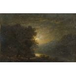 Circle of Johann Christian Dahl, Norwegian 1788-1857- Moonlit scene; oil on board, 8 x 12.5 cm