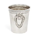 A French 800 standard silver beaker, decorated with repousse laurel band and vacant bow-mounted