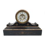 A French slate and marble mantel clock, late 19th century, the white enamel dial with Roman numerals