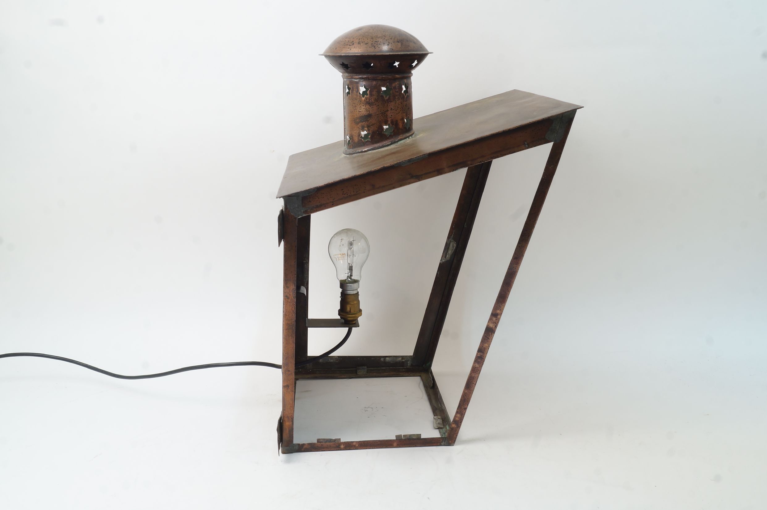 An English copper wall lantern, early 20th century, of tapering from, the pierced chimney with - Image 2 of 2