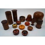 Three Victorian treen sectional spice towers, late 19th century, two with titled sections, 19cm high