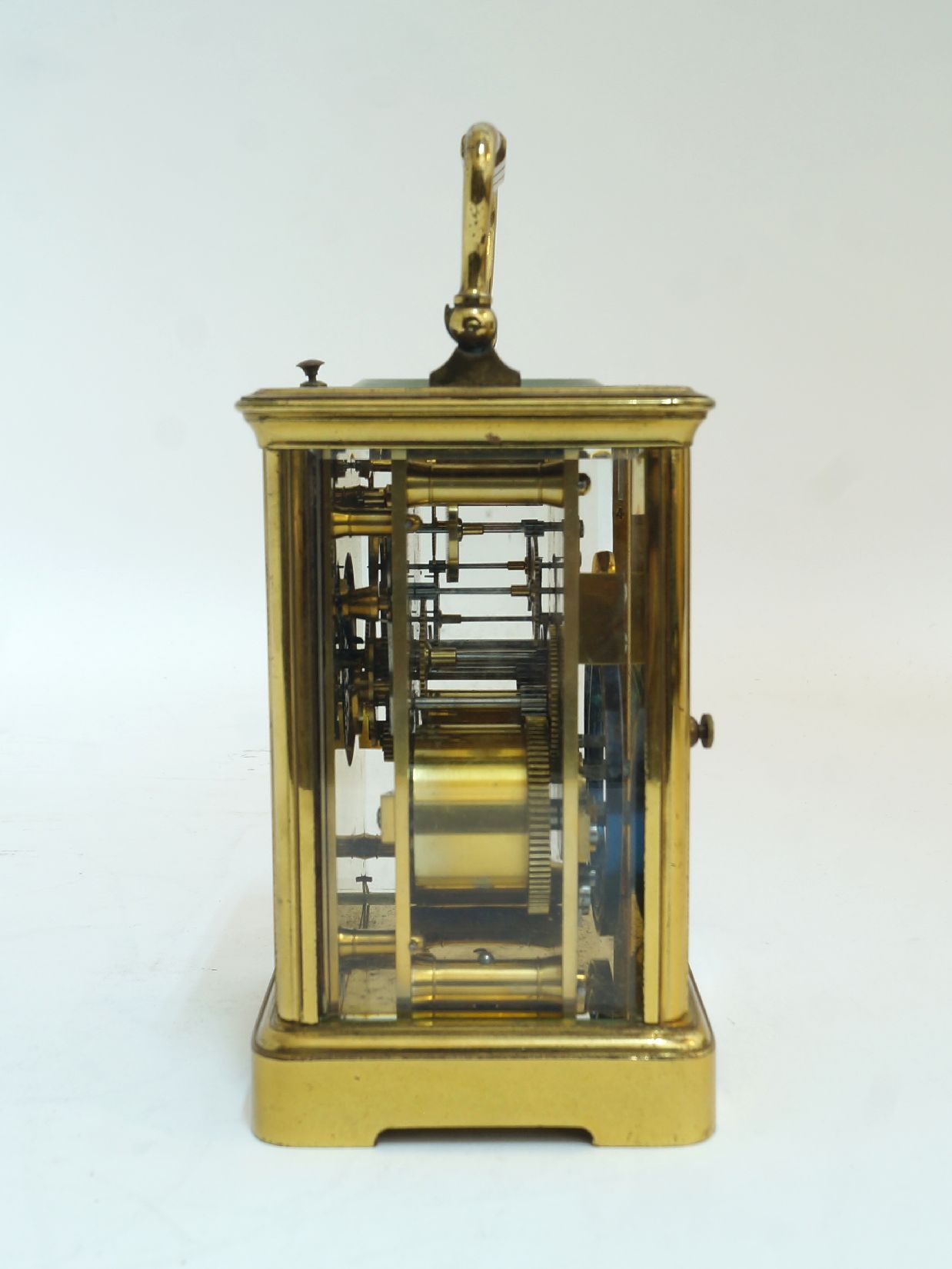 A gilt-brass repeating carriage clock, 20th century, the corniche case white enamel dial having - Image 2 of 5