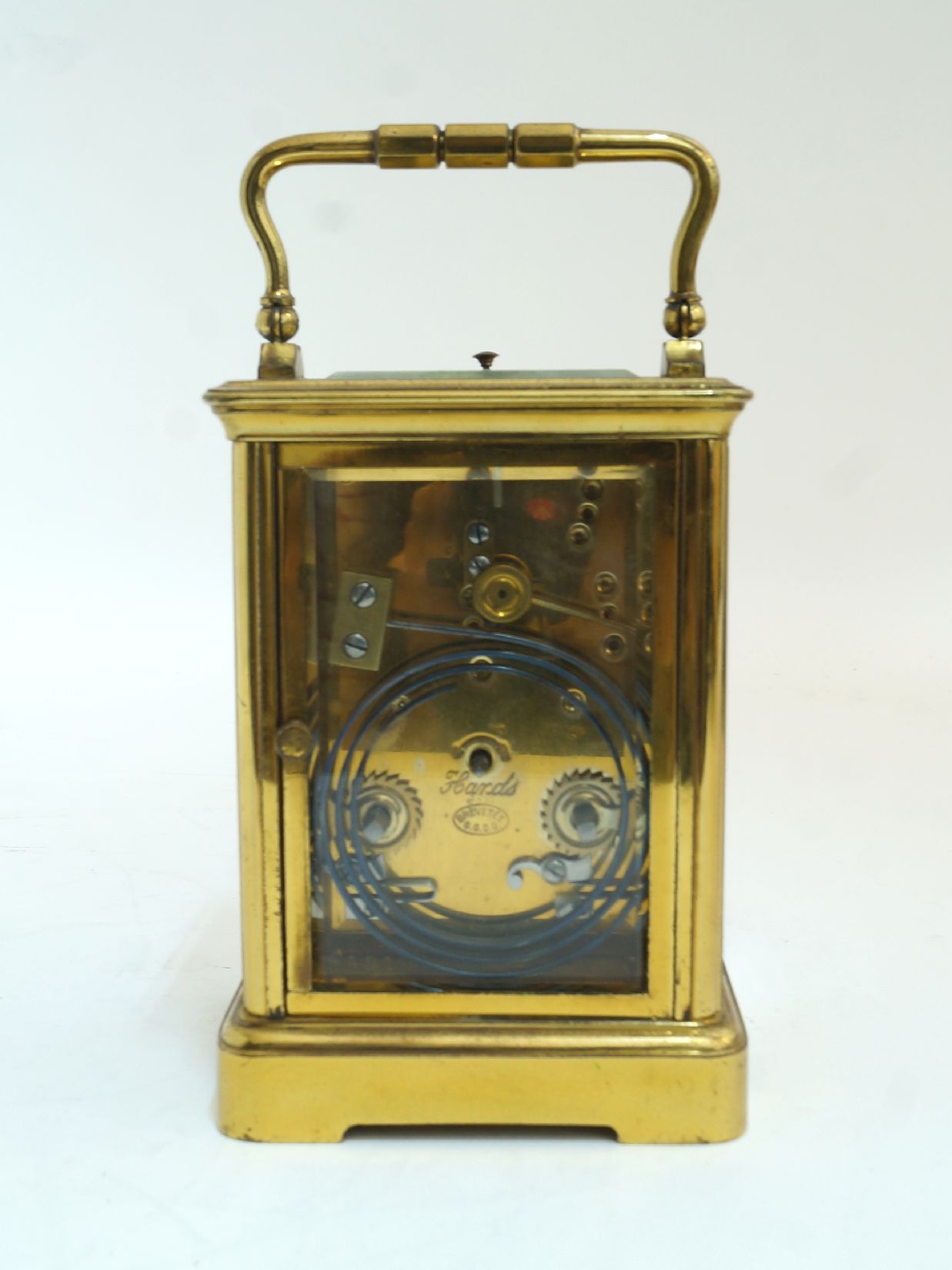 A gilt-brass repeating carriage clock, 20th century, the corniche case white enamel dial having - Image 3 of 5