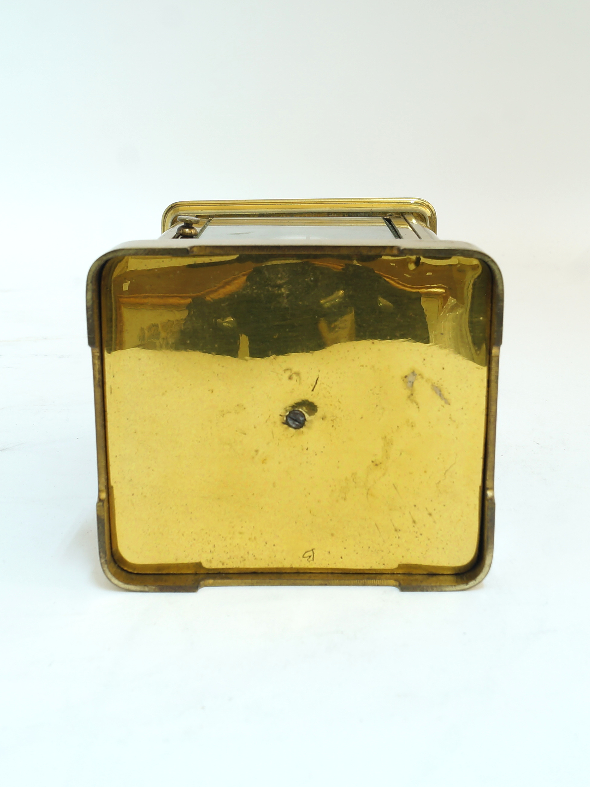 A gilt-brass repeating carriage clock, 20th century, the corniche case white enamel dial having - Image 5 of 5