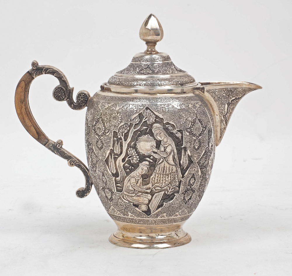 A Qajar silver milk vessel with signature, 20th century, Iran, with wooden handle, on short foot,