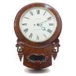 A Victorian mahogany twin fusee drop dial wall clock, the mahogany case with chamfered bezel over