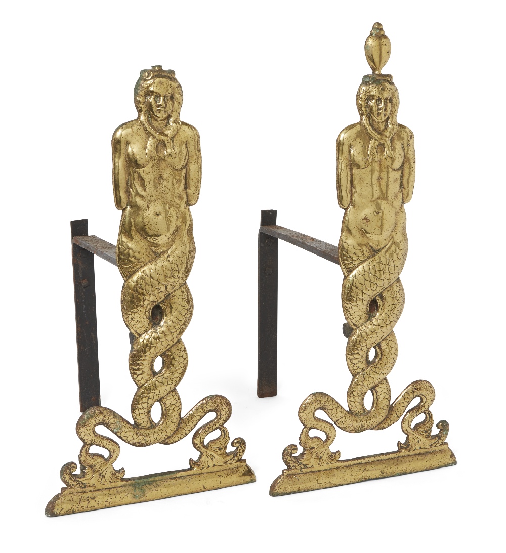 A pair of polished brass figural andirons, 19th century, each modelled as a sea goddess with