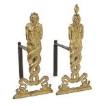 A pair of polished brass figural andirons, 19th century, each modelled as a sea goddess with