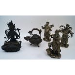 A collection of Chinese Buddhist bronze figures together with a teapot, 19th-20th century,