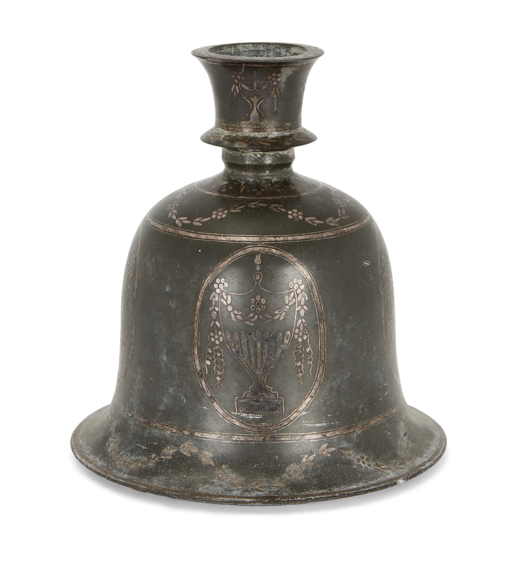 An Indian bidri-ware hookah base, 19th century, bell shaped, decorated with oval panels centred by