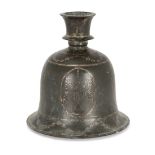An Indian bidri-ware hookah base, 19th century, bell shaped, decorated with oval panels centred by