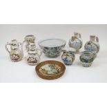 A group of Continental ceramics, to include: two Italian maiolica bulbous syrup jars, possibly