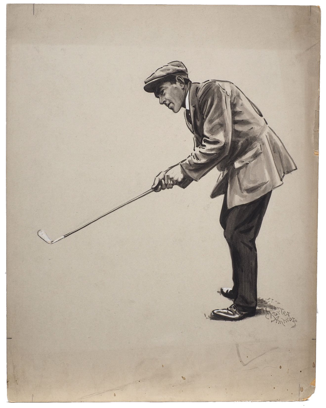 Charles Napier Ambrose, British 1876-1946- Ritchie's run-up shot; brush and black ink and wash - Image 5 of 5