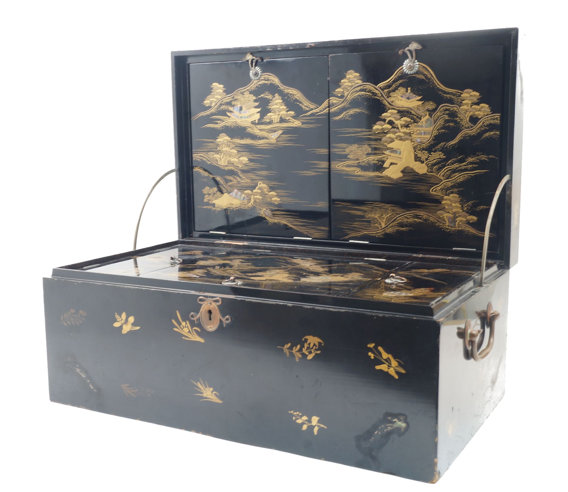 A Japanese black lacquer chest, gilt decorated to the exterior with floral sprays, the hinged lid - Image 2 of 2