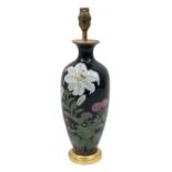 A Japanese cloisonné baluster vase, 20th century, of black ground, decorated with flowers, converted