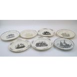 Seven Liverpool Herculaneum transfer printed creamware dishes, c. 1790-1840, impressed marks to