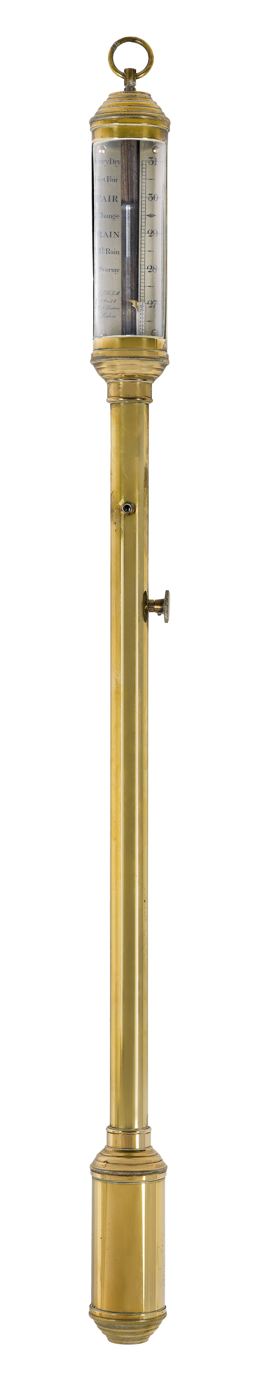 A Portuguese brass marine stick barometer, R.N. Desterro, Lisbon, in slender brass case with