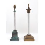 Two brass and glass column table lamps, second half 20th century, one with Corinthian capital and