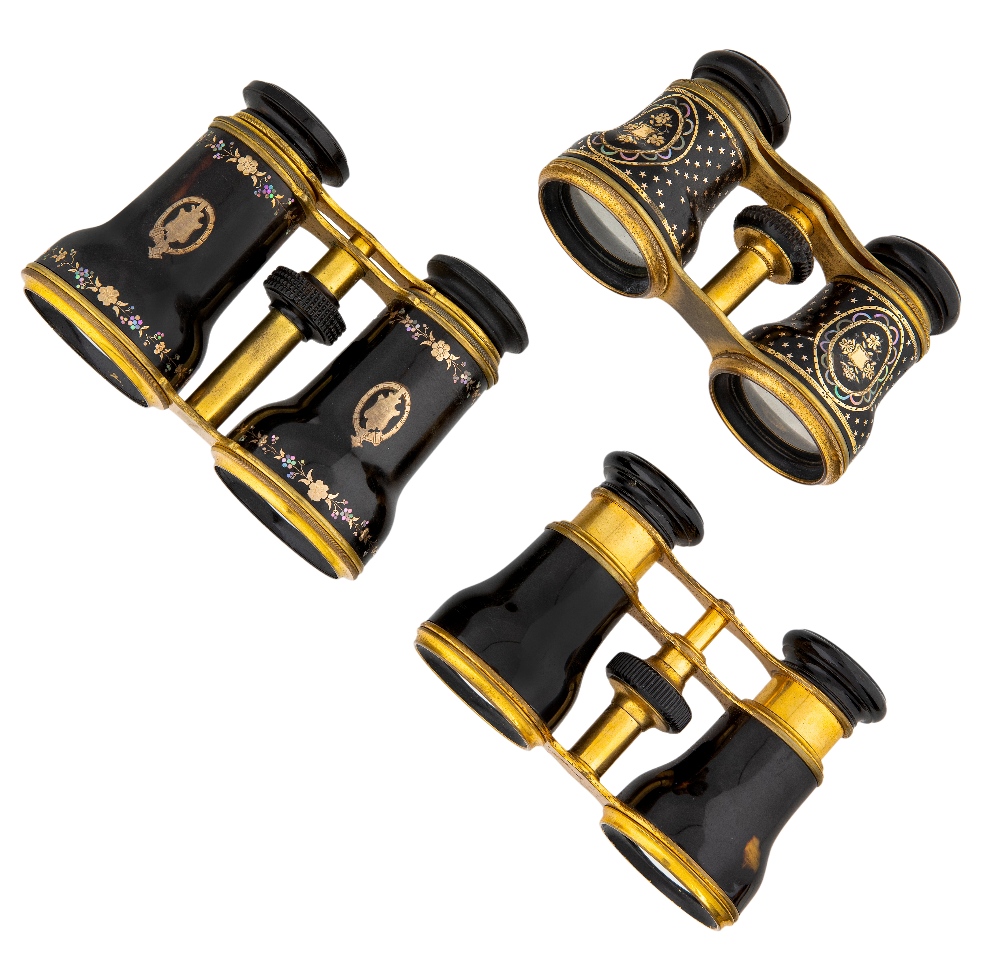 Three pairs of French opera gilt-brass opera glasses, late 19th century, to include: a tortoiseshell