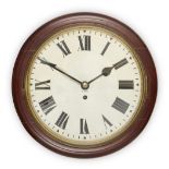 A mahogany GPO wall clock, mid 20th century, the painted dial with Roman numerals and black