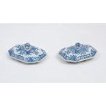 Two blue and white ceramic hexagonal jar lids, 19th century, each with rounded finial, 9.5cm x 7.5cm