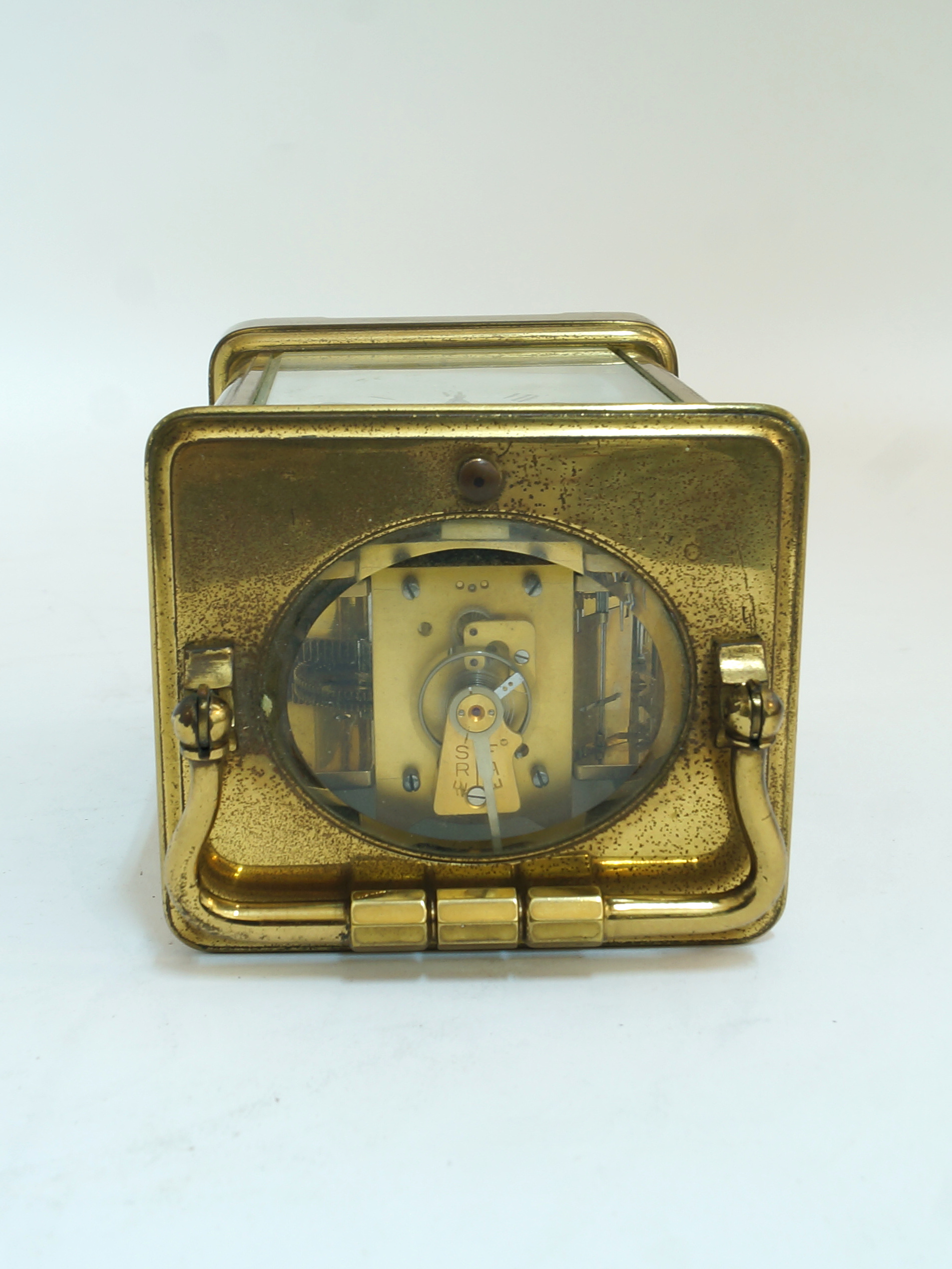 A gilt-brass repeating carriage clock, 20th century, the corniche case white enamel dial having - Image 4 of 5