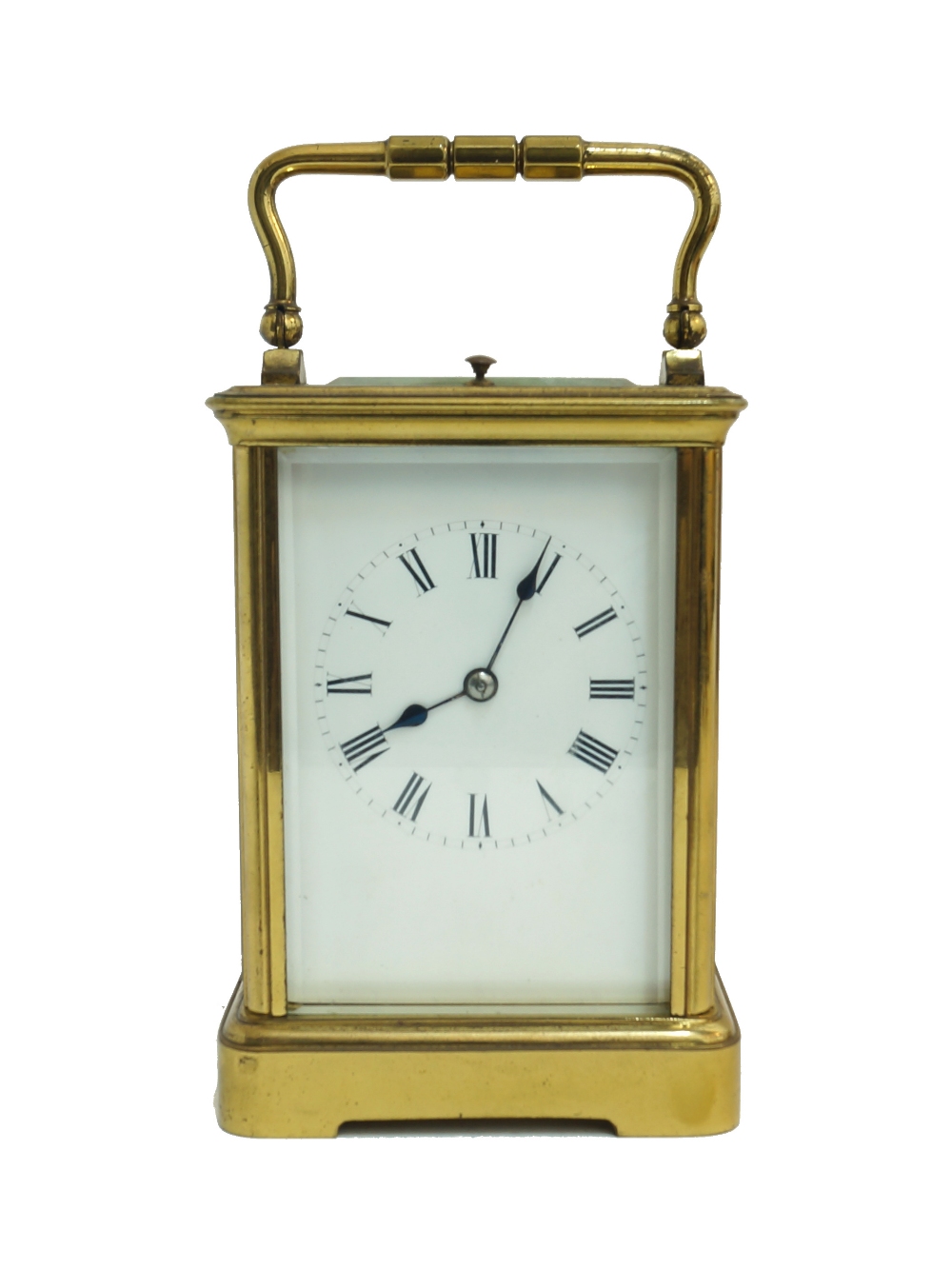 A gilt-brass repeating carriage clock, 20th century, the corniche case white enamel dial having