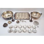 A group of silver plate, including: a centrepiece bowl with twin zoomorphic handles; a rectangular