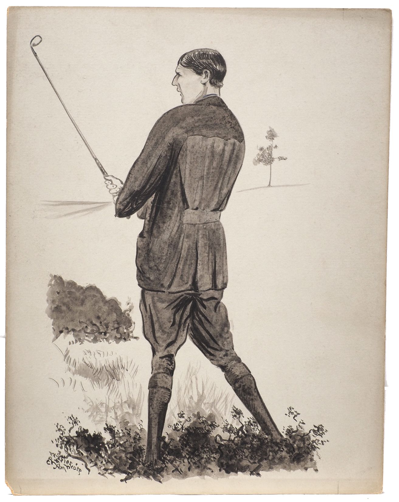 Charles Napier Ambrose, British 1876-1946- Ritchie's run-up shot; brush and black ink and wash