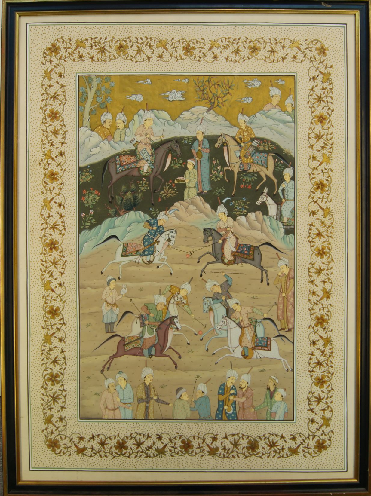 Persian School, mid-late 20th century, Courtly polo game; opaque watercolour and gilt on silk, - Image 2 of 2