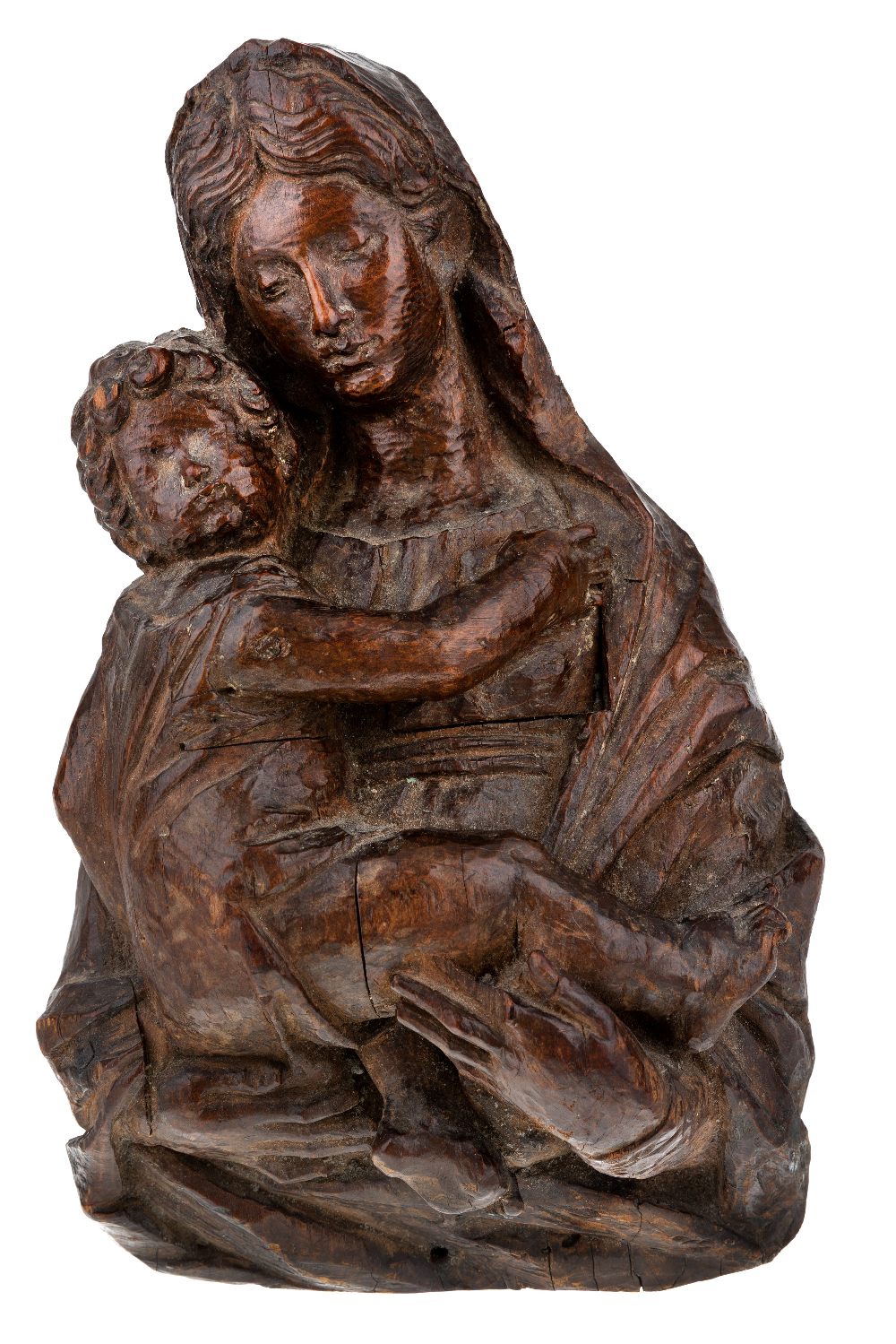 An Italian carved walnut bust length relief of the Madonna and child, 16th century, 36cm high,