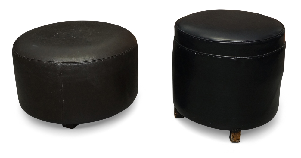 A contemporary brown leather footstool, of recent manufacture, of cylindrical form on square tapered